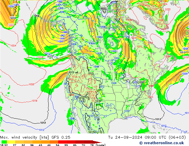 Max. wind velocity GFS 0.25 Tu 24.09.2024 09 UTC