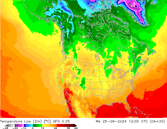 Temperature Low (2m) GFS 0.25 We 25.09.2024 12 UTC