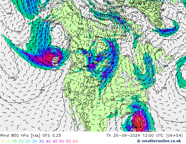 Viento 850 hPa GFS 0.25 jue 26.09.2024 12 UTC