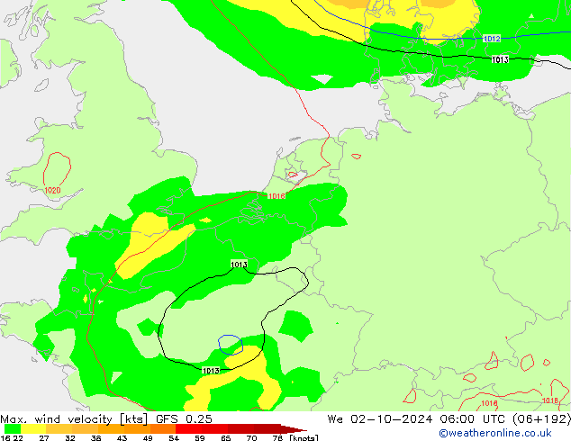 Max. wind velocity GFS 0.25 We 02.10.2024 06 UTC