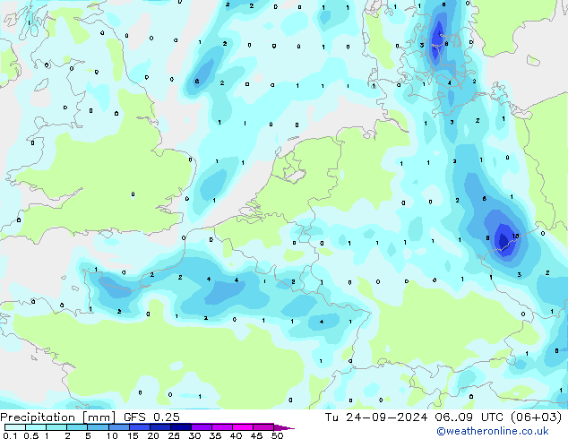 Niederschlag GFS 0.25 Di 24.09.2024 09 UTC