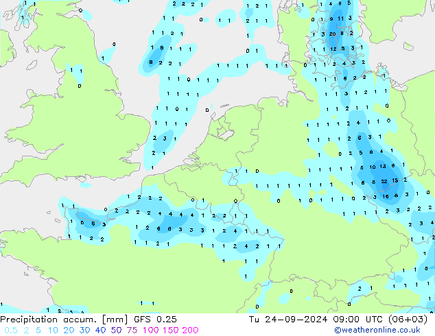 Precipitation accum. GFS 0.25 wto. 24.09.2024 09 UTC