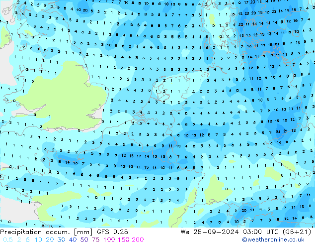 Totale neerslag GFS 0.25 wo 25.09.2024 03 UTC
