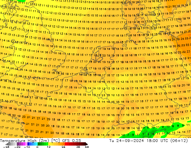 Max.temperatuur (2m) GFS 0.25 di 24.09.2024 18 UTC