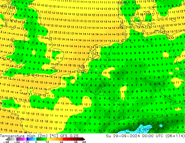 Temperature High (2m) GFS 0.25 Su 29.09.2024 00 UTC