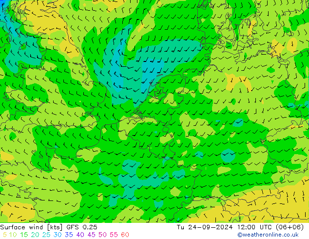 ветер 10 m GFS 0.25 вт 24.09.2024 12 UTC