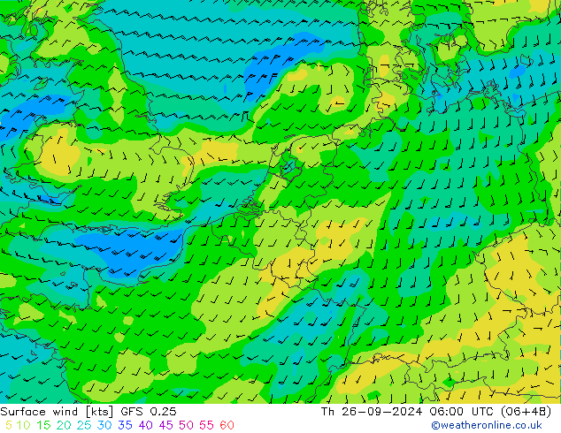 Surface wind GFS 0.25 Th 26.09.2024 06 UTC