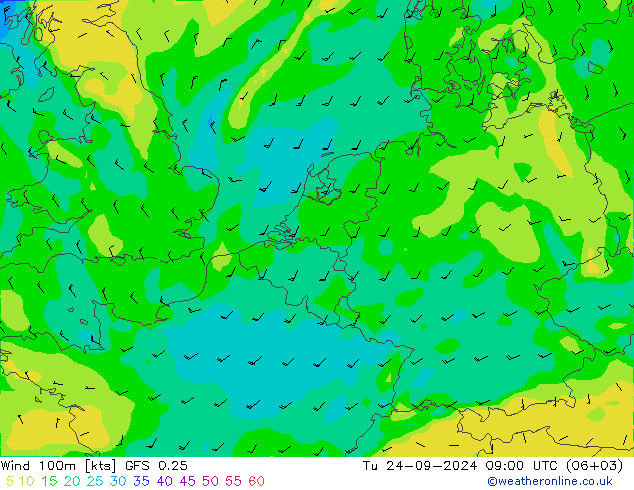 Wind 100m GFS 0.25 Tu 24.09.2024 09 UTC