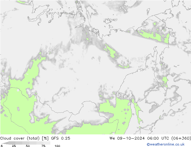 Nubes (total) GFS 0.25 mié 09.10.2024 06 UTC