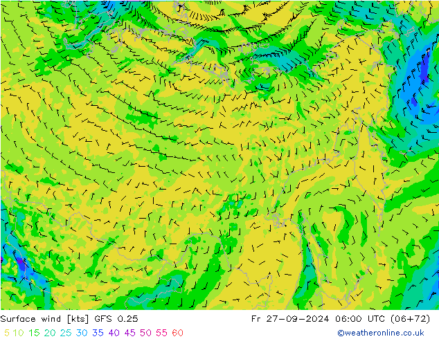 ветер 10 m GFS 0.25 пт 27.09.2024 06 UTC