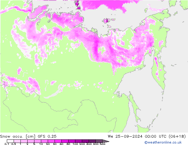 Snow accu. GFS 0.25 śro. 25.09.2024 00 UTC