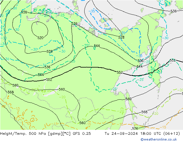 Z500/Rain (+SLP)/Z850 GFS 0.25 Út 24.09.2024 18 UTC