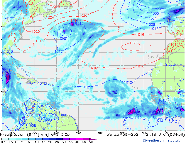 Precipitation (6h) GFS 0.25 We 25.09.2024 18 UTC