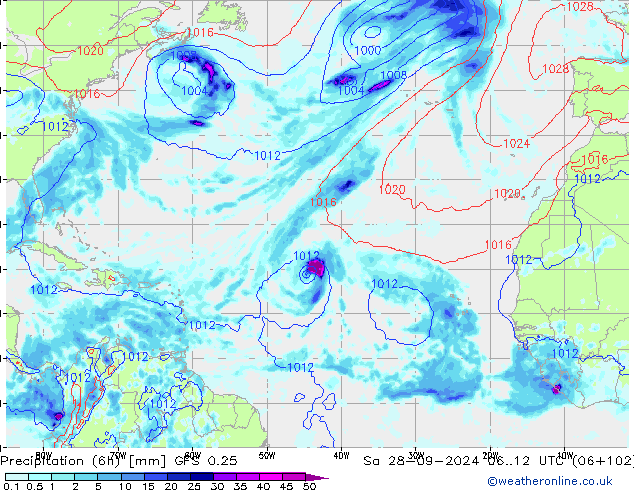 Z500/Regen(+SLP)/Z850 GFS 0.25 za 28.09.2024 12 UTC