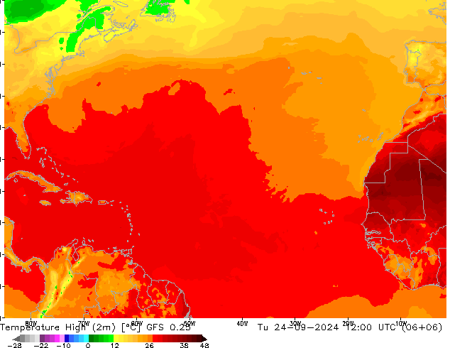 Nejvyšší teplota (2m) GFS 0.25 Út 24.09.2024 12 UTC