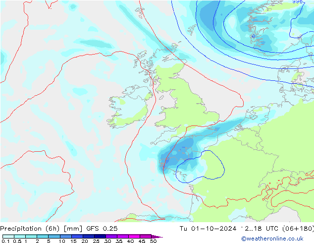 Z500/Rain (+SLP)/Z850 GFS 0.25  01.10.2024 18 UTC