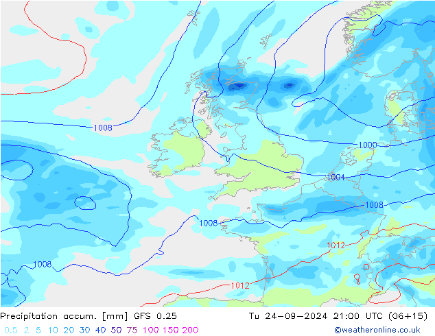 Precipitation accum. GFS 0.25 вт 24.09.2024 21 UTC