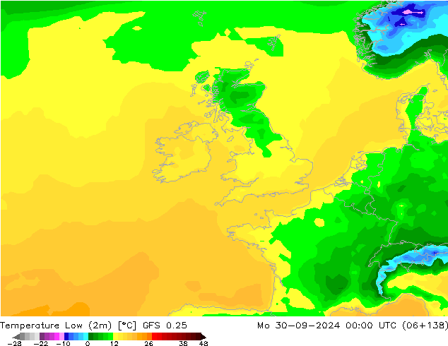 Min.temperatuur (2m) GFS 0.25 ma 30.09.2024 00 UTC