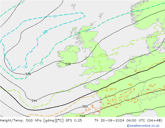 Z500/Rain (+SLP)/Z850 GFS 0.25 jue 26.09.2024 06 UTC