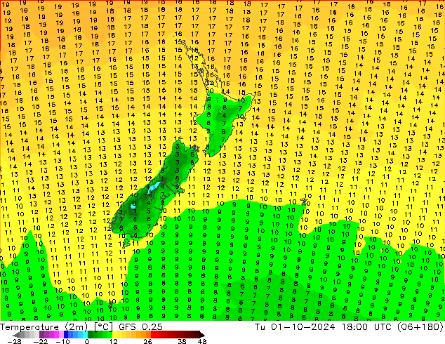 Temperature (2m) GFS 0.25 Tu 01.10.2024 18 UTC