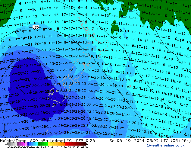 Z500/Rain (+SLP)/Z850 GFS 0.25 so. 05.10.2024 06 UTC