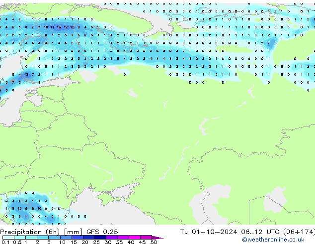 Z500/Rain (+SLP)/Z850 GFS 0.25 Ter 01.10.2024 12 UTC