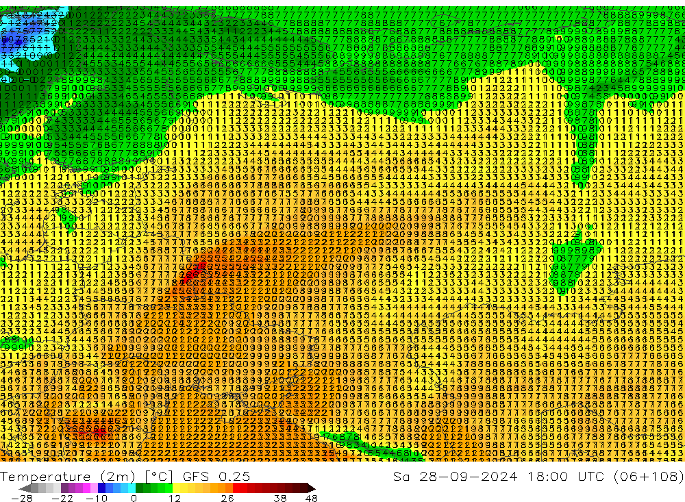 Sıcaklık Haritası (2m) GFS 0.25 Cts 28.09.2024 18 UTC