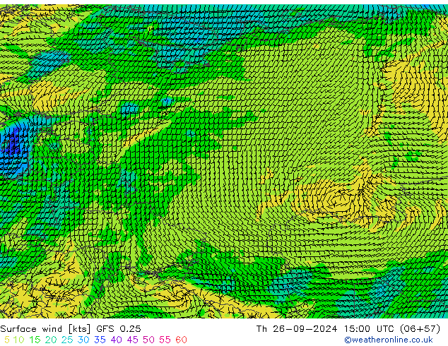 Surface wind GFS 0.25 Čt 26.09.2024 15 UTC