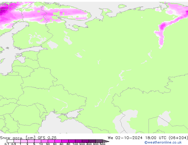 Snow accu. GFS 0.25 mer 02.10.2024 18 UTC