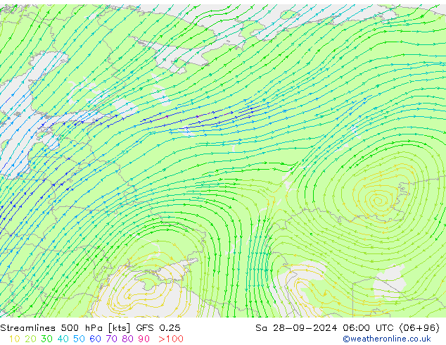 Linia prądu 500 hPa GFS 0.25 so. 28.09.2024 06 UTC