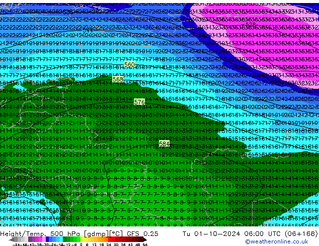 Z500/Rain (+SLP)/Z850 GFS 0.25 Di 01.10.2024 06 UTC