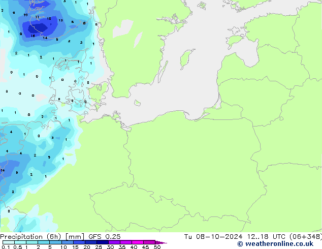 Precipitation (6h) GFS 0.25 Tu 08.10.2024 18 UTC