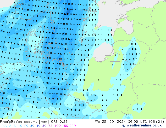 Precipitation accum. GFS 0.25 ср 25.09.2024 06 UTC