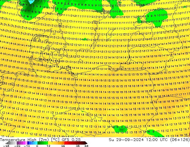 Temperature High (2m) GFS 0.25 Su 29.09.2024 12 UTC