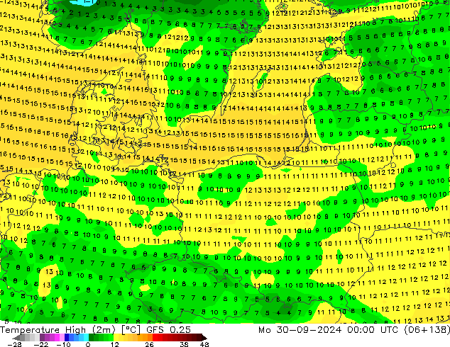 Temperatura máx. (2m) GFS 0.25 lun 30.09.2024 00 UTC