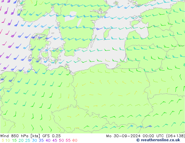 wiatr 850 hPa GFS 0.25 pon. 30.09.2024 00 UTC