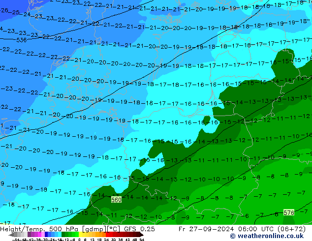 Z500/Rain (+SLP)/Z850 GFS 0.25 Fr 27.09.2024 06 UTC