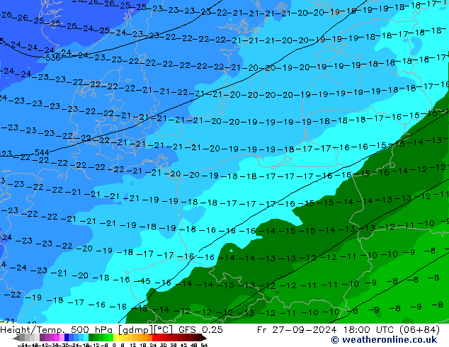 Z500/Rain (+SLP)/Z850 GFS 0.25 Fr 27.09.2024 18 UTC