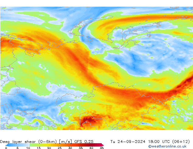 Deep layer shear (0-6km) GFS 0.25 Sa 24.09.2024 18 UTC