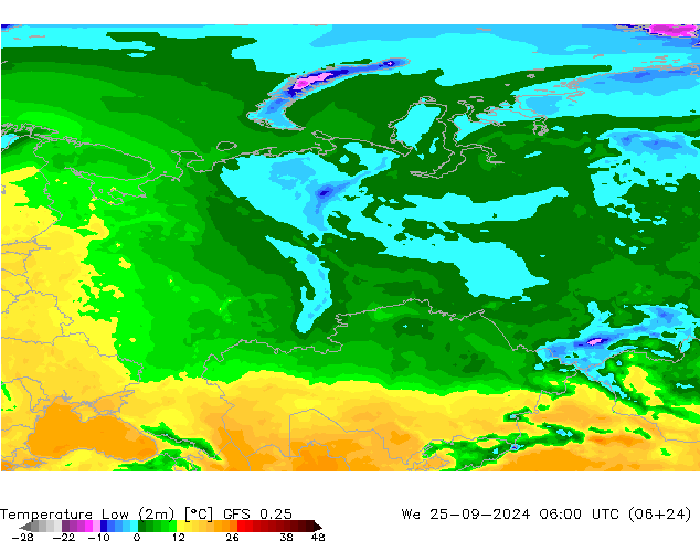 Темпер. мин. (2т) GFS 0.25 ср 25.09.2024 06 UTC