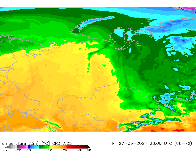 Temperatuurkaart (2m) GFS 0.25 vr 27.09.2024 06 UTC