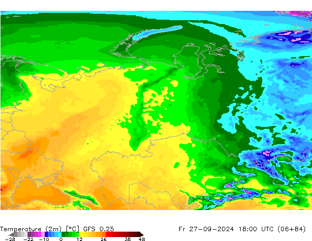 Temperatura (2m) GFS 0.25 Sex 27.09.2024 18 UTC