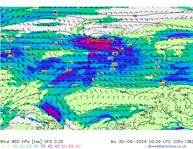 Wind 850 hPa GFS 0.25 Mo 30.09.2024 00 UTC