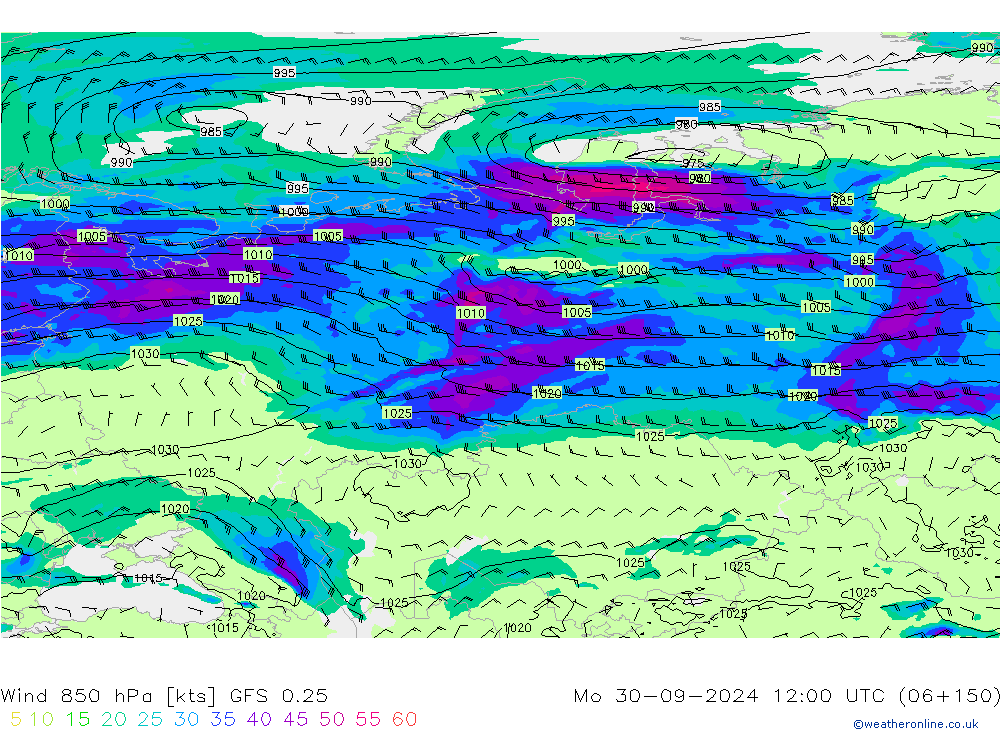 Wind 850 hPa GFS 0.25 Mo 30.09.2024 12 UTC