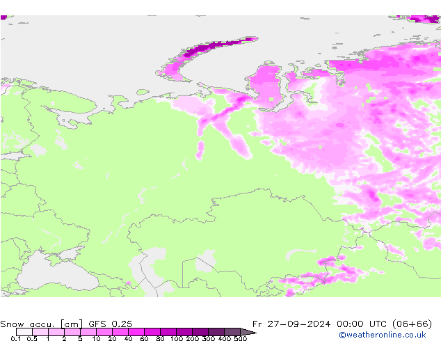 Глубина снега GFS 0.25 пт 27.09.2024 00 UTC