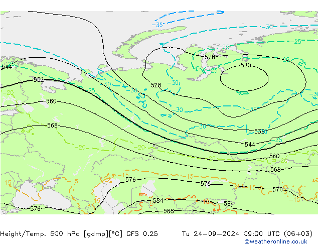 Z500/Rain (+SLP)/Z850 GFS 0.25 Ter 24.09.2024 09 UTC