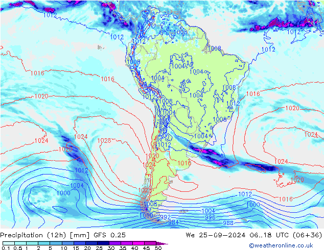 Precipitation (12h) GFS 0.25 We 25.09.2024 18 UTC