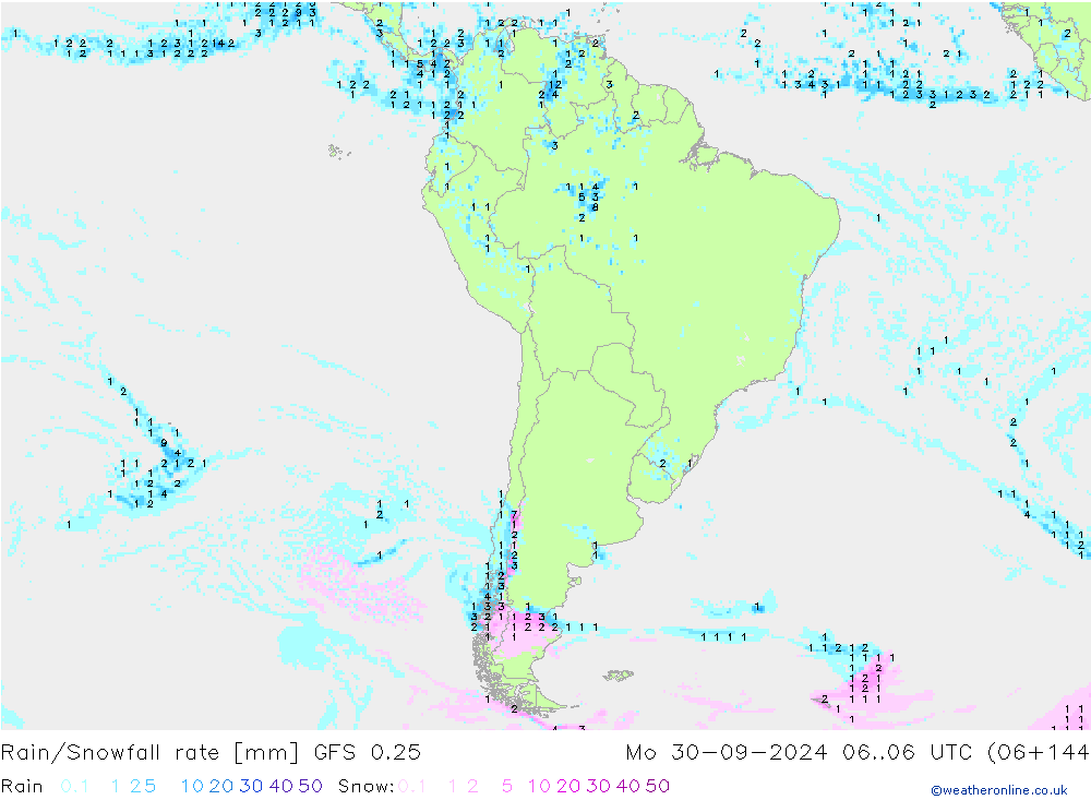 Rain/Snowfall rate GFS 0.25 lun 30.09.2024 06 UTC