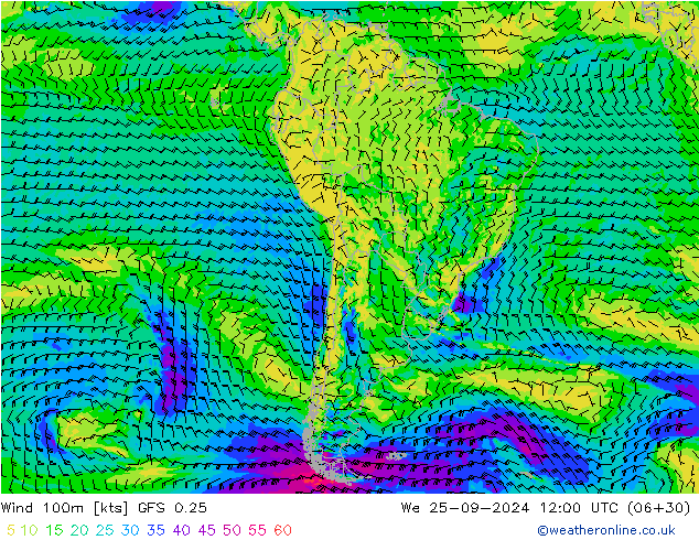 Vento 100m GFS 0.25 Qua 25.09.2024 12 UTC