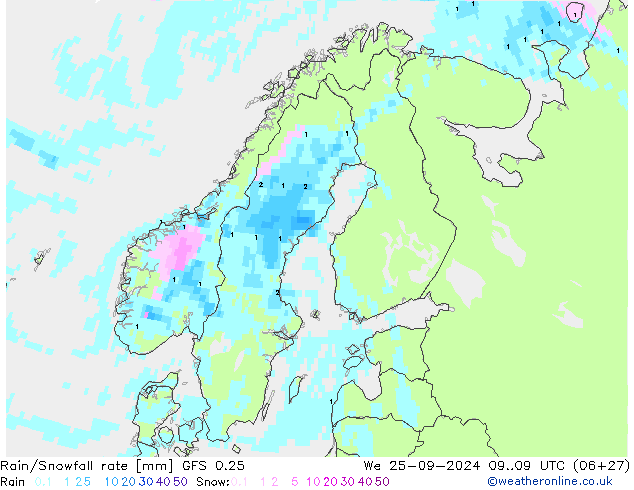 Rain/Snowfall rate GFS 0.25 mer 25.09.2024 09 UTC